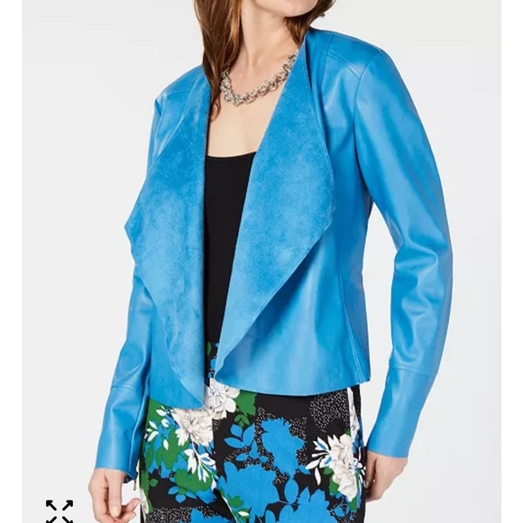 INC International Concepts Jackets & Blazers - INC International Concepts Vegan Leather Draped Front Jacket Blue M